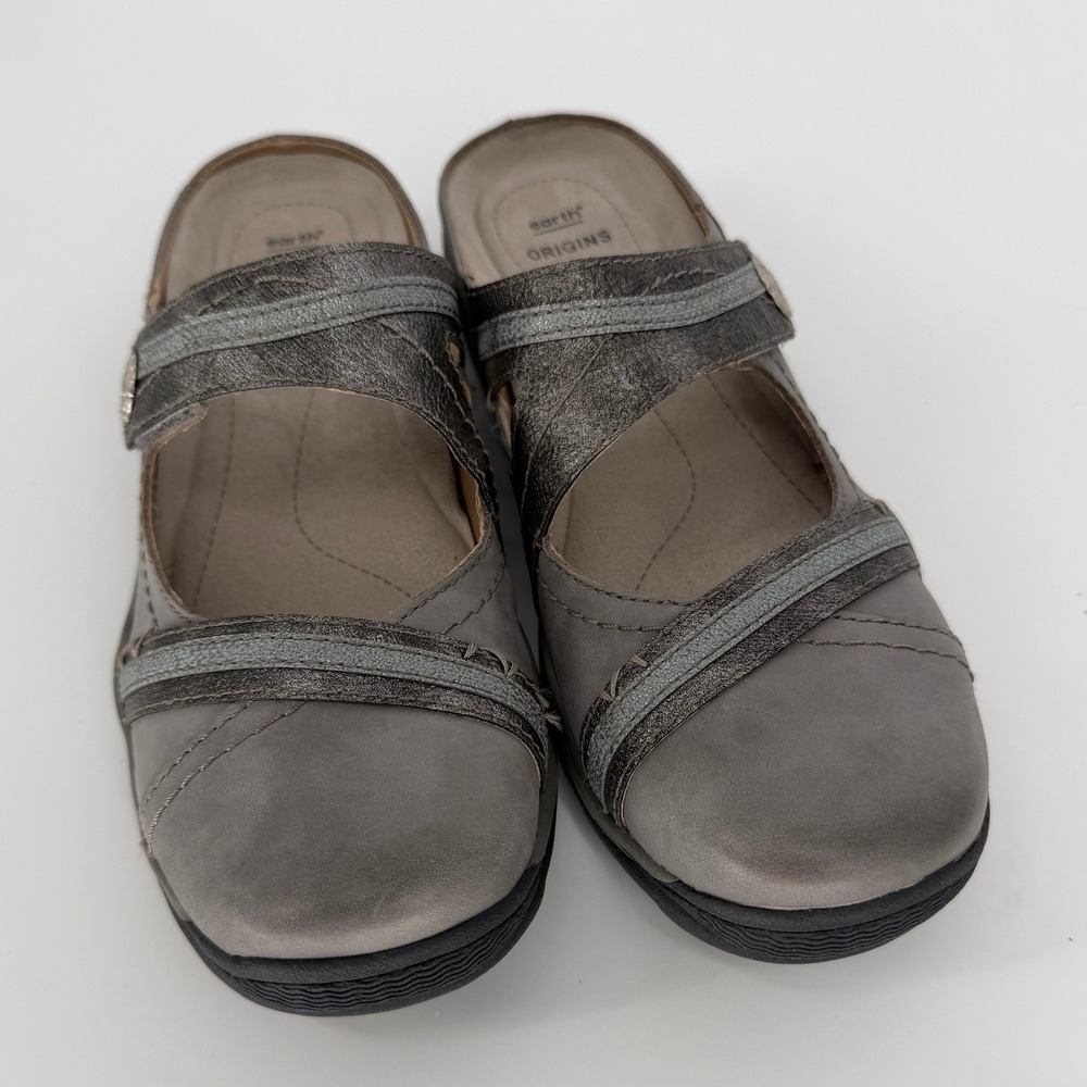 Earth Origins Clara Chloe Gray Leather Clog Mules Metallic Straps Womens 7.5 M